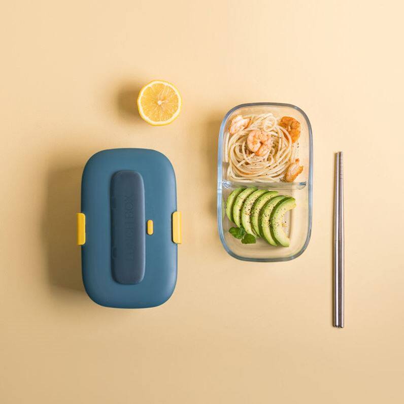 Transparent glass-glass lunch box II separation student office-office separated portable lunchbox chopsticks microwave oven