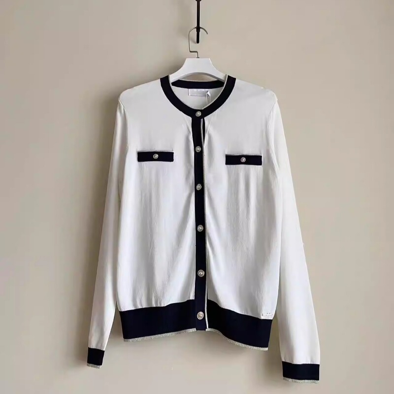 Tweed Style Contrasting Color Edge Knitted Cardigan for Women with Pearl Buttons, Slim Fit, Short and Versatile Sweater Jacket