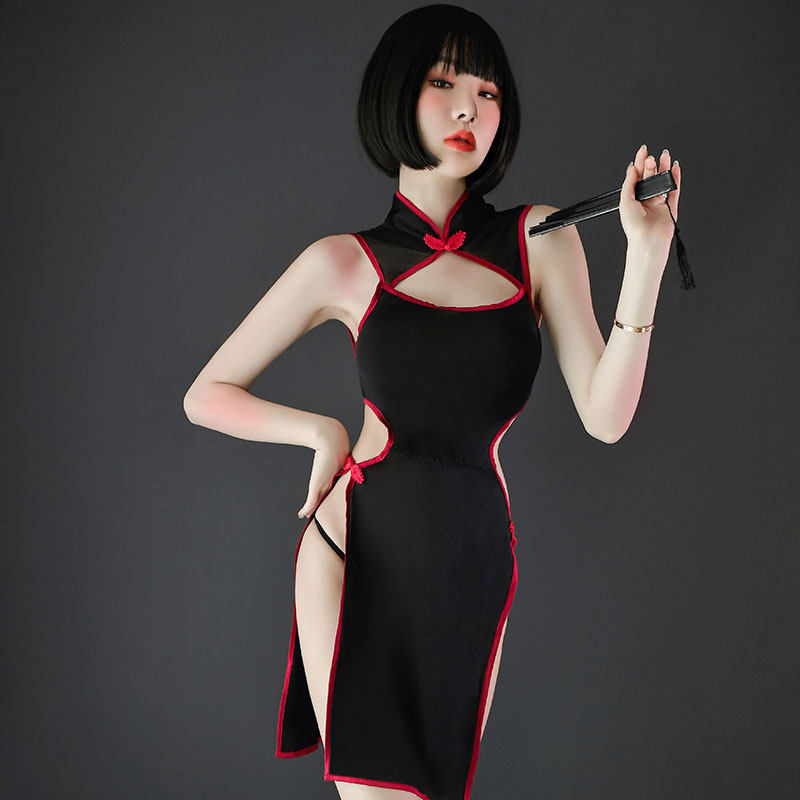 Sexy erotic lingerie small chest hollow transparent temptation bed teasing classical split cheongsam uniform nightdress female show
