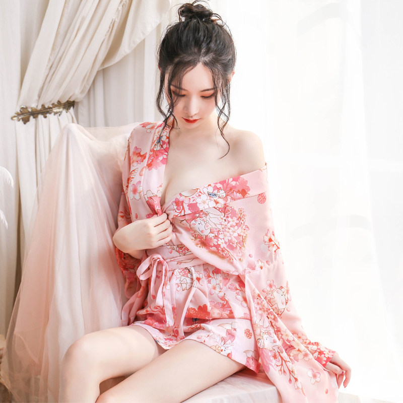 Sexy pajamas women's summer sexy lingerie hot temptation Japanese cherry blossom chiffon cardigan kimono nightdress nightgown set