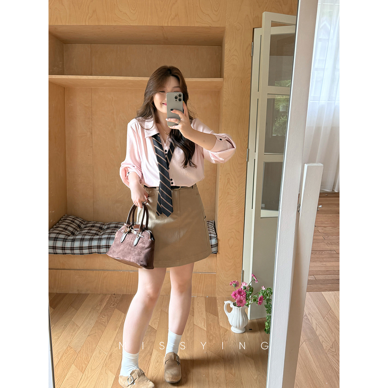 Miss Ying's Plus-Size Women's Clothing [Cafe] College-Style Modal Pink Shirt New Wide-Fit Long-Sleeve Shirt