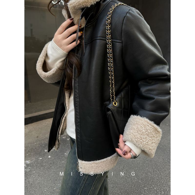 Miss Ying's Plus-Size Women's Clothing [Motorcycle Band] Shearling Shearling Coat, New Winter Leather Jacket