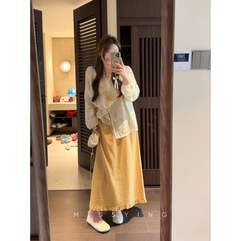 Miss Ying's Plus-Size Women's Clothing [Ginger Tea] Retro Forest-Style Suit New Floral Shirt + Skirt Two-Piece Set