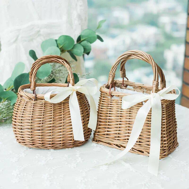 Light luxury Nordic style hand-held Korean woven vegetable basket rattan bag wicker new women's bag photo props round
