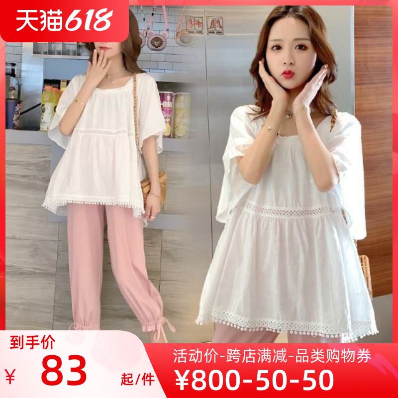 Pregnancy Woman Dress Summer Clothing Suit Short Sleeve Shirt Loose Large Size Blouse blouse Korean version Summer pregnant woman Two sets of casual suit
