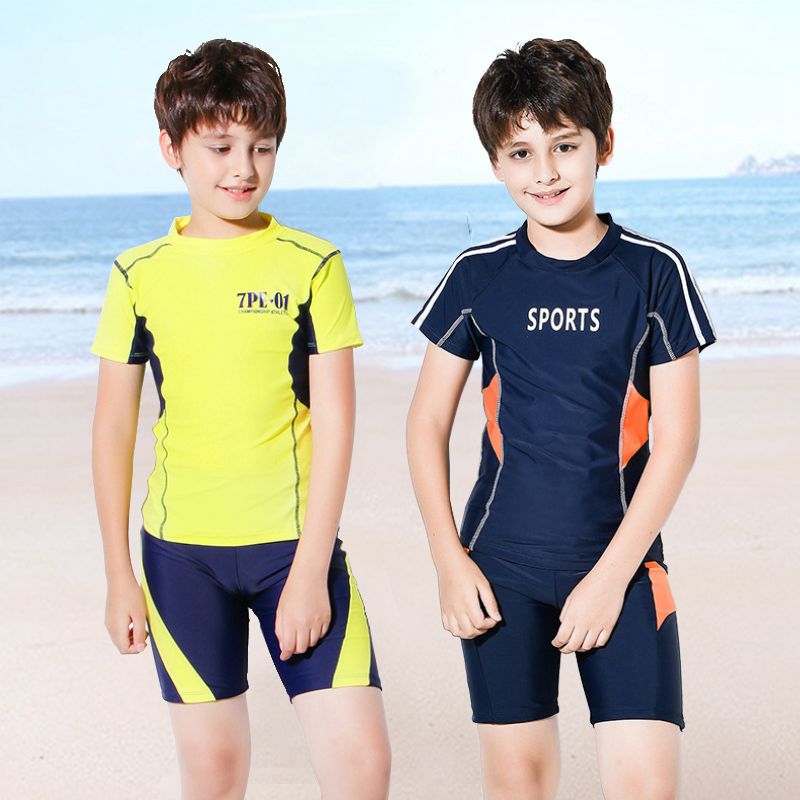 Middle and big children swimsuit boys and adolescents children 10-15 years old students short sleeve set sunscreen quick-drying boy split