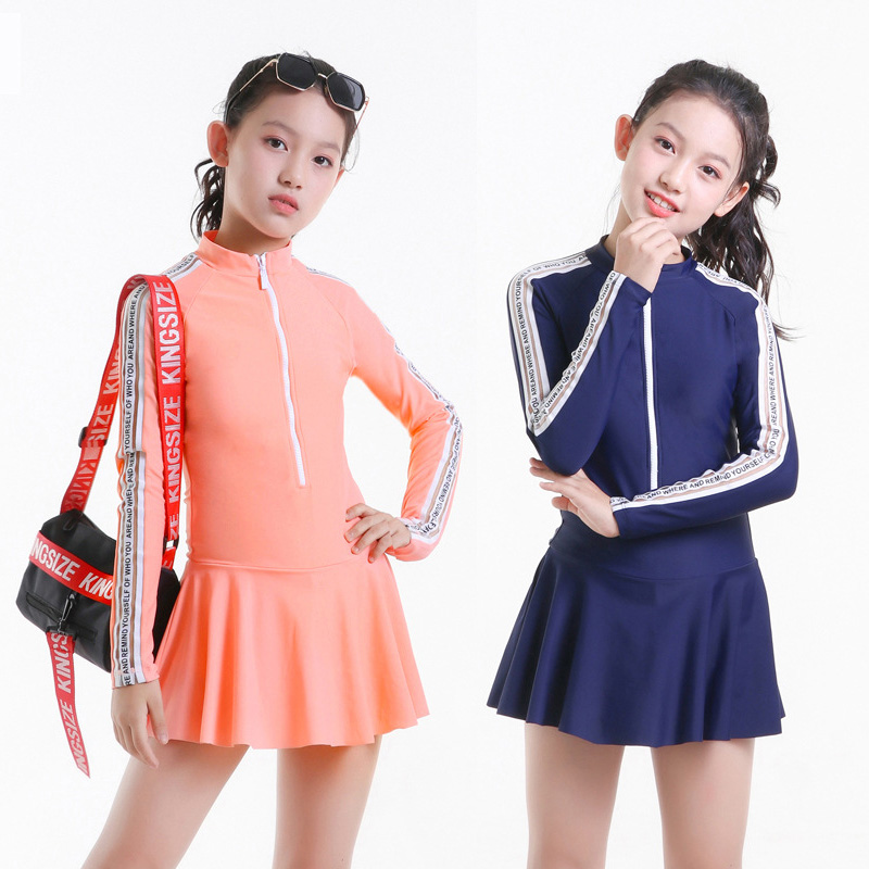 New Korean Academy students 12-15 years old sunscreen long sleeve skirt style one-piece swimsuit girl swimsuit middle child
