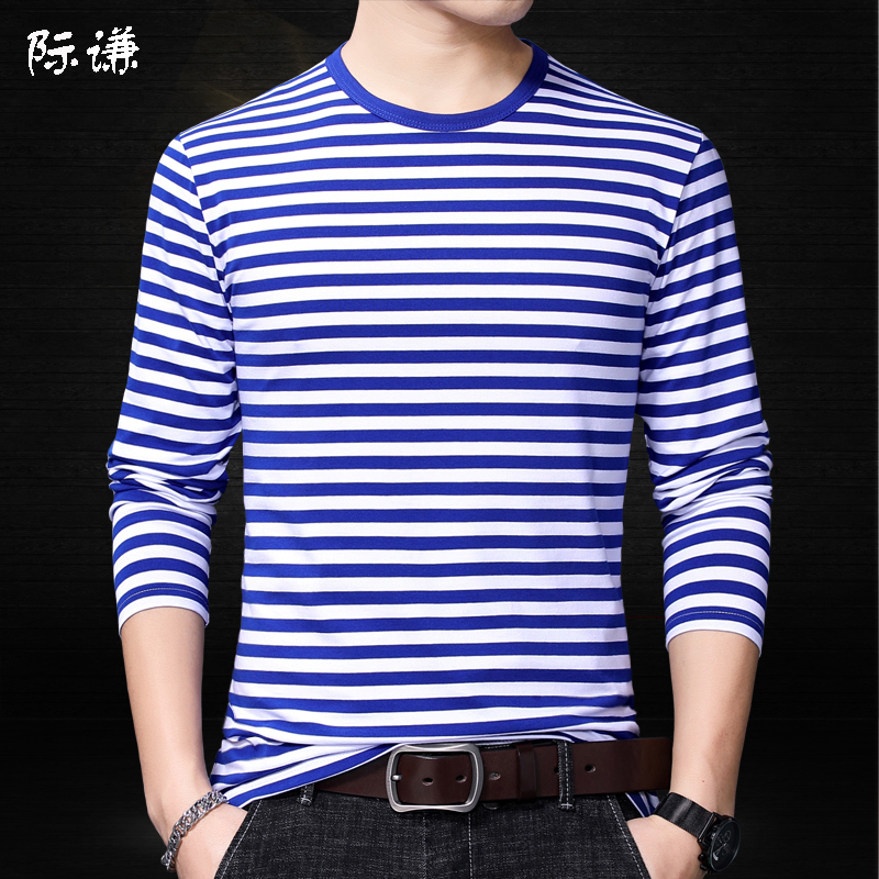 Jianqian Sea Soul Shirt Men's Long-Sleeved T-Shirt Spring & Fall Pure Cotton Round Neck Blue and White Stripesd Sailor Shirt