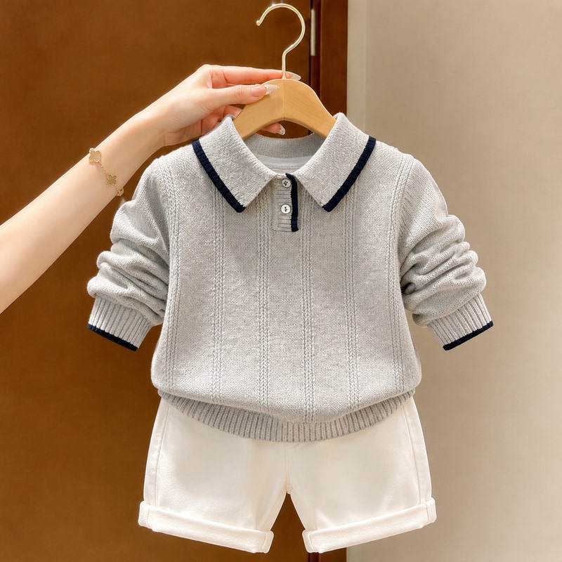 Korean Style Color-Block Polo Collar Children's Knit Sweater with Vertical Texture for Boys and Girls, Soft and Cozy Long-Sleeve Sweater Top for Spring and Autumn Korean Style Color-Block Polo Collar Children's Knit Sweater with Vertical Texture for Boys and Girls, Soft and Cozy Long-Sleeve Sweater Top for Spring and Autumn