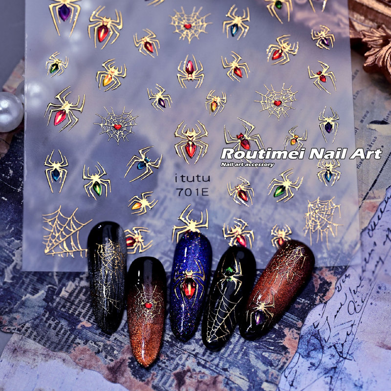 New Gothic Style Spider Web Nail Stickers with Gold and Silver Colors, Spider-Themed Dark and Edgy Style Nail Decorations
