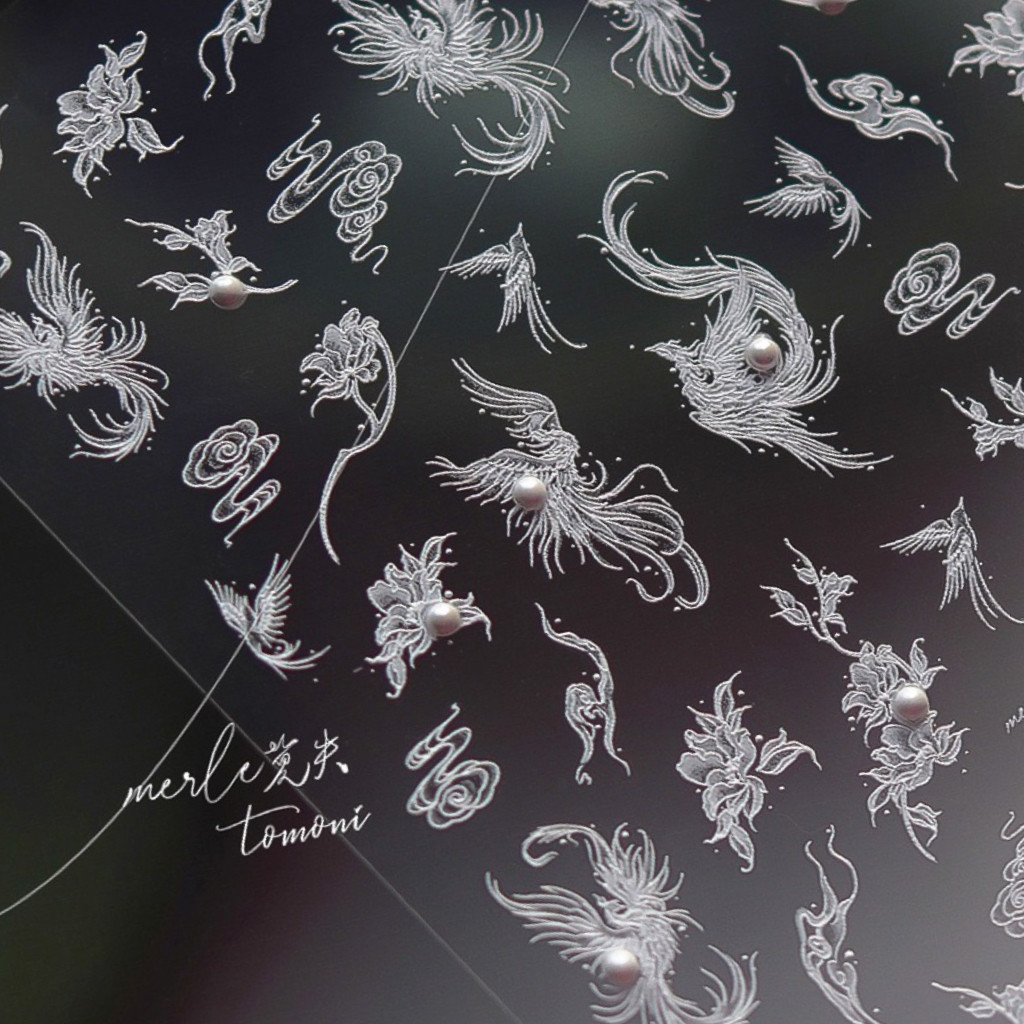 水晶球　贝壳光 晶钻贝壳光白色凤凰5d浮雕美甲贴纸tomoni国风背胶指甲贴纸装饰品评价
