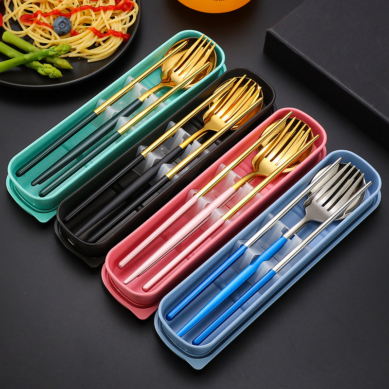 Portable chopsticks spoon set one-person food children's tableware three-piece stainless steel fork single student storage box