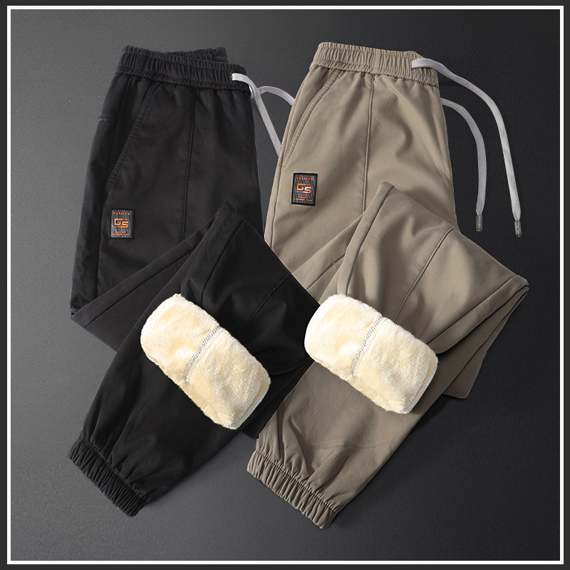 Tide Cards Autumn Winter Plus Suede Thickened Men's Pure Cotton Casual Pants Han Edition Loose Beam Feet Warm Elastic Waist Work Pants