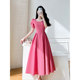 2023 summer new women's clothing French style retro puff sleeves square collar temperament celebrity waist slimming dress long skirt