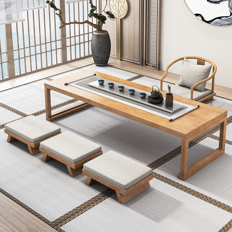 Japanese-style solid wood tea table and chair combination tatami kang table balcony coffee table sitting table tea room long Zen low tea table