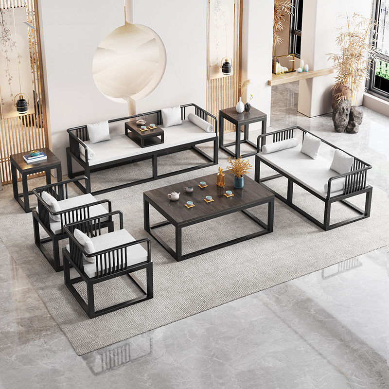 New Chinese style wrought iron sofa light luxury combination Zen reception fabric solid wood coffee table office reception visitor negotiation table and chairs