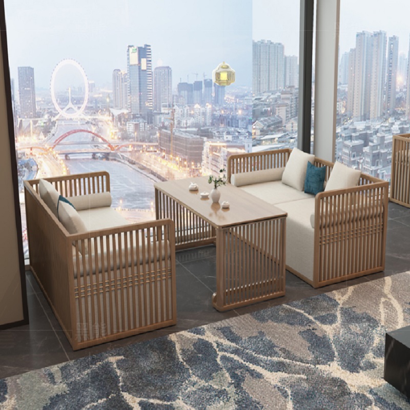 New Chinese-style solid wood teahouse card seat dining room homestay Zen ash wood color reception negotiation card seat sofa