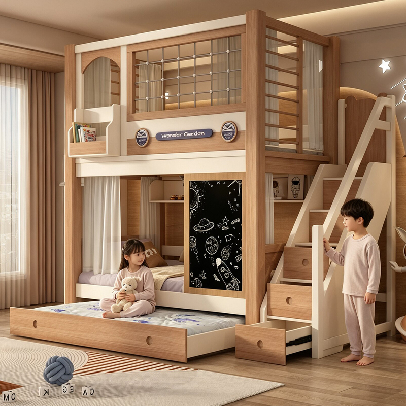 Solid Wood Bunk Bed for Children, Two-Tiered Bed with Slide, Sibling Bed with Separate Sleeping Areas Solid Wood Bunk Bed for Children, Two-Tiered Bed with Slide, Sibling Bed with Separate Sleeping Areas