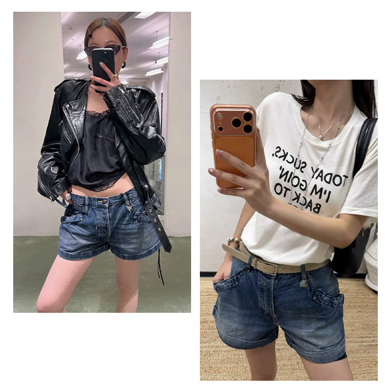 Welded onto the Body! Cute and Playful! R13 Heavy Wash Lace Pleated Workwear Denim Shorts