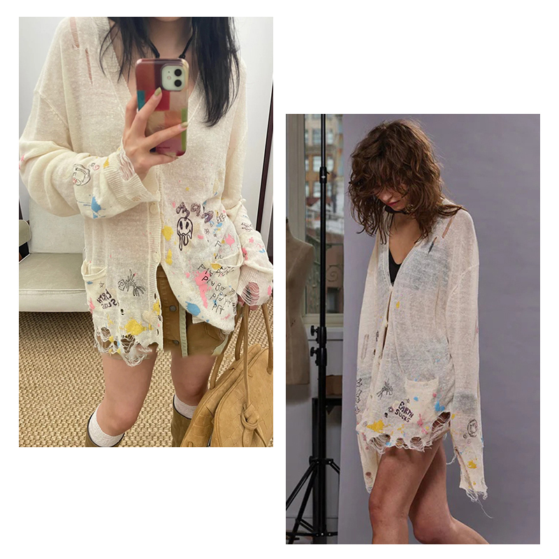 Light-Colored Clothes Are Also Fashionable! White Deer Print (Deer with White Spots) Same Style @13 Spring/Summer Bohemian Graffiti Splatter Linen Knit Cardigan