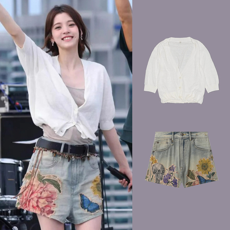 Relaxation and Blooming: Ouyang Nana's Same Style @13 French Linen Cardigan + Floral Embroidered Denim Shorts Set