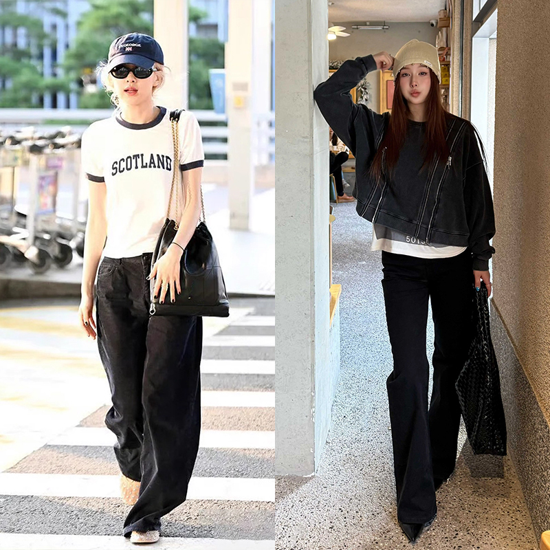 Leg-Enhancing Rose Style 13 Autumn/Winter Jane Imported Composite Fabric Mid-Waist Washed Black Flared Denim Pants