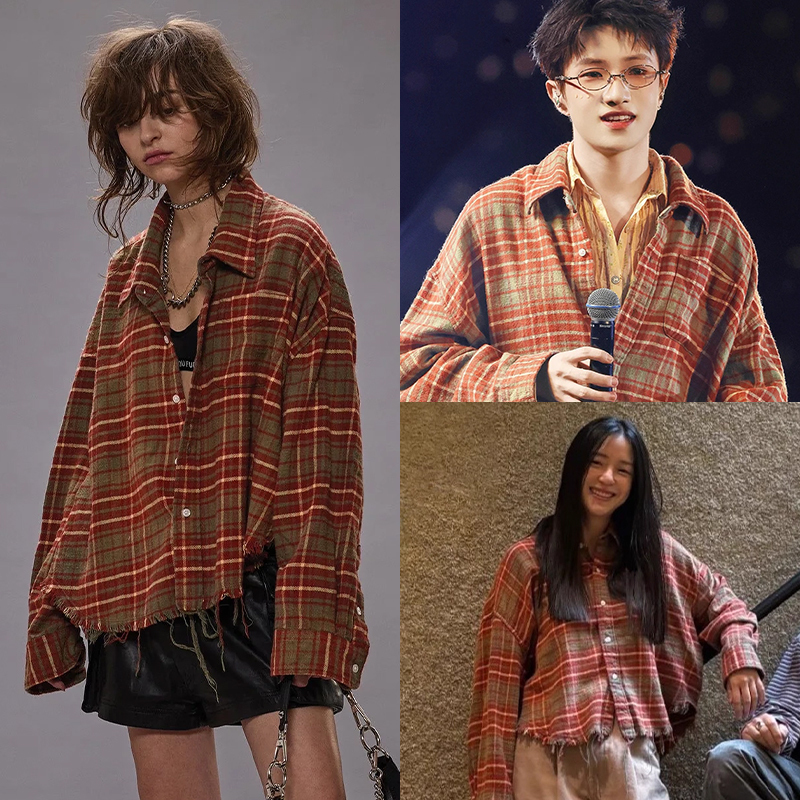 Christmas Is Counting on It: Chen Qizhen and Wang Yiheng's Same Style 13 Autumn/Winter Pure Cotton Flannel Short Wide Plaid Frayed Shirt