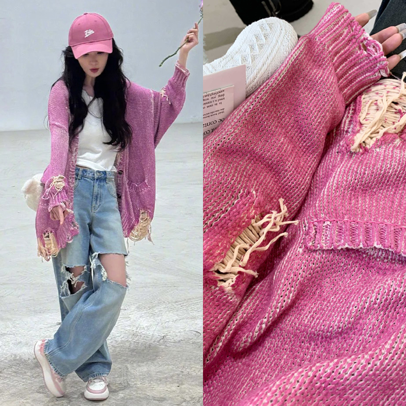 Classic Model Discontinued, Bonus! Same Style as Yue Shiman and Yang Mi, R13 Pink Tie-Dye Distressed Knit Cardigan Jacket