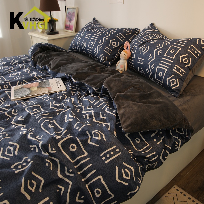 Nordic brief About four sets of full cotton pure cotton gushed thickened Coral Suede Warm Autumn Winter Quilt Cover Crystal Suede Bed Linen New