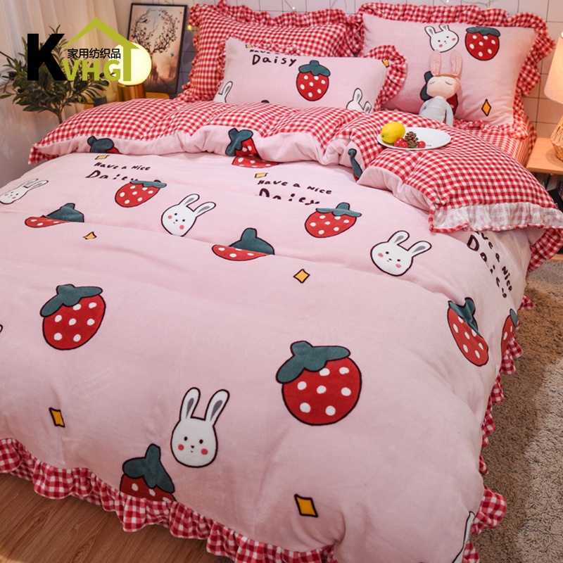 Milk Suede Four Pieces Double Sided Plus Suede Coral Suede Flannel 2020 Winter thickened quilt cover Three sets of velvet-Taobao