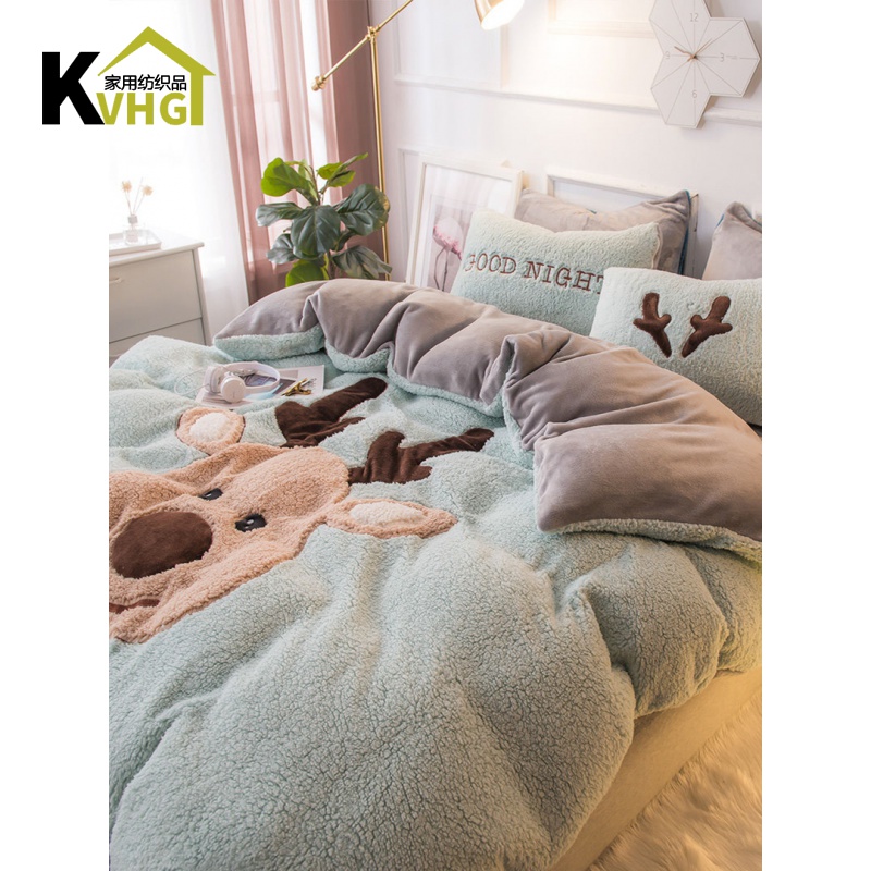 Lamb flannel flannel with four sets of winter coral double-sided plus suede thickened suede bed products Milk suede bed linen