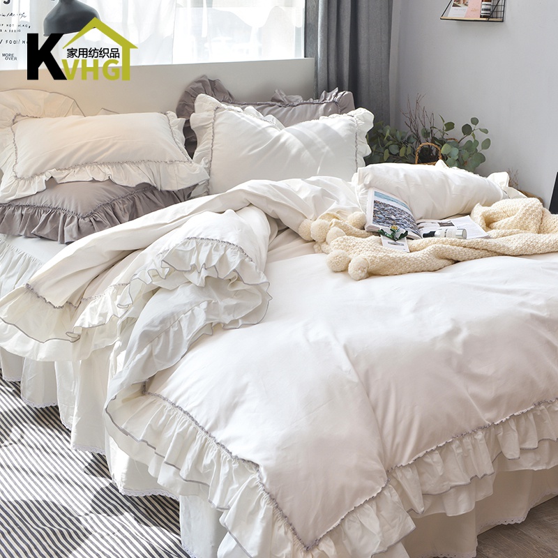 Internet celebrity with the same style princess wind lotus leaf edge bed four-piece set pure cotton girl's heart double bed skirt quilt cover bedding