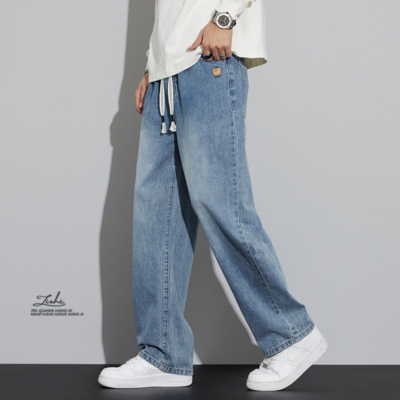 High-End Guangzhou Xintang American-Style Elastic Waist Jeans for Men 2026 New Straight Loose Wide-Leg Men's Pants