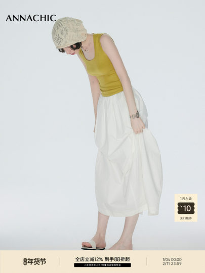 ANNACHIC遮肉神裙_白色立体花苞半身裙女_松紧腰褶皱空气感半裙