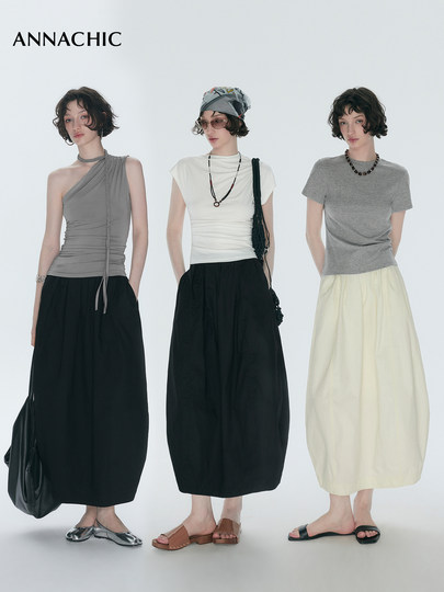 ANNACHIC遮肉神裙_白色立体花苞半身裙女_松紧腰褶皱空气感半裙