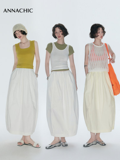 ANNACHIC遮肉神裙_白色立体花苞半身裙女_松紧腰褶皱空气感半裙