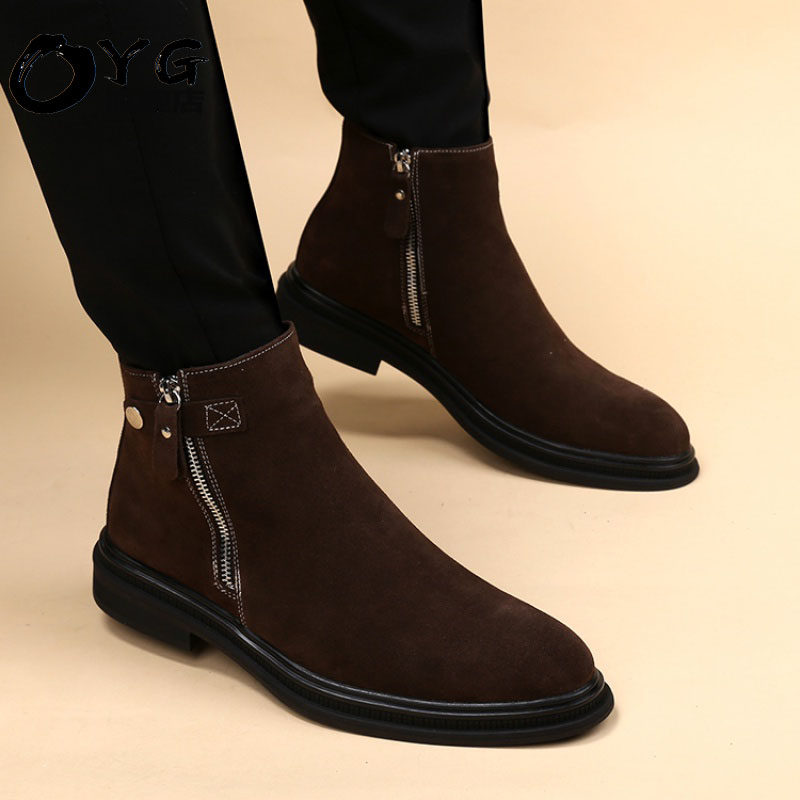 Tide brand men's leather boots winter 2021 New plus velvet hannei heightened short boots British bull anti-velvet boots