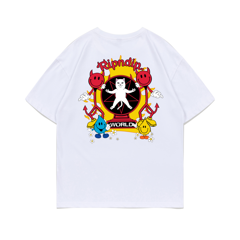 Пуловер с круглым вырезом и коротким рукавом RIPNDIP Bad Cat WORLD World Peace Cat Solid Color Cartoon Pattern Print Round Neck
