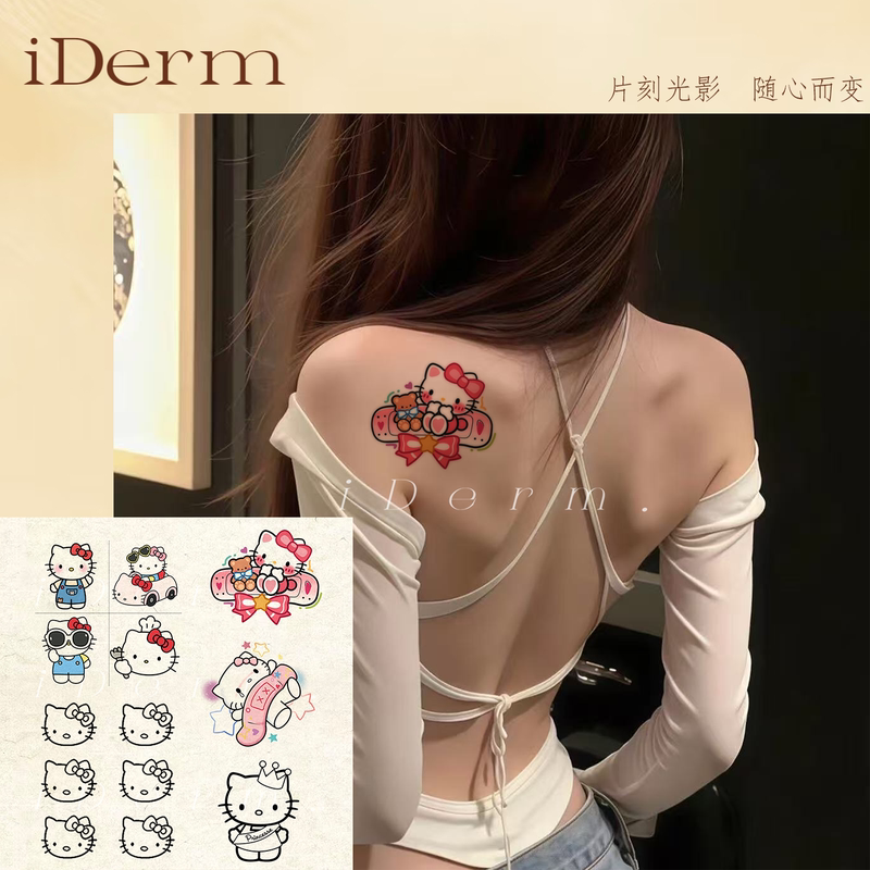 Iderm Hello Kitty Cartoon Kt Cat Sweet Cool Creative Tattoo Stickers ins Flower Arm Finger Cute Cartoon Girly Style