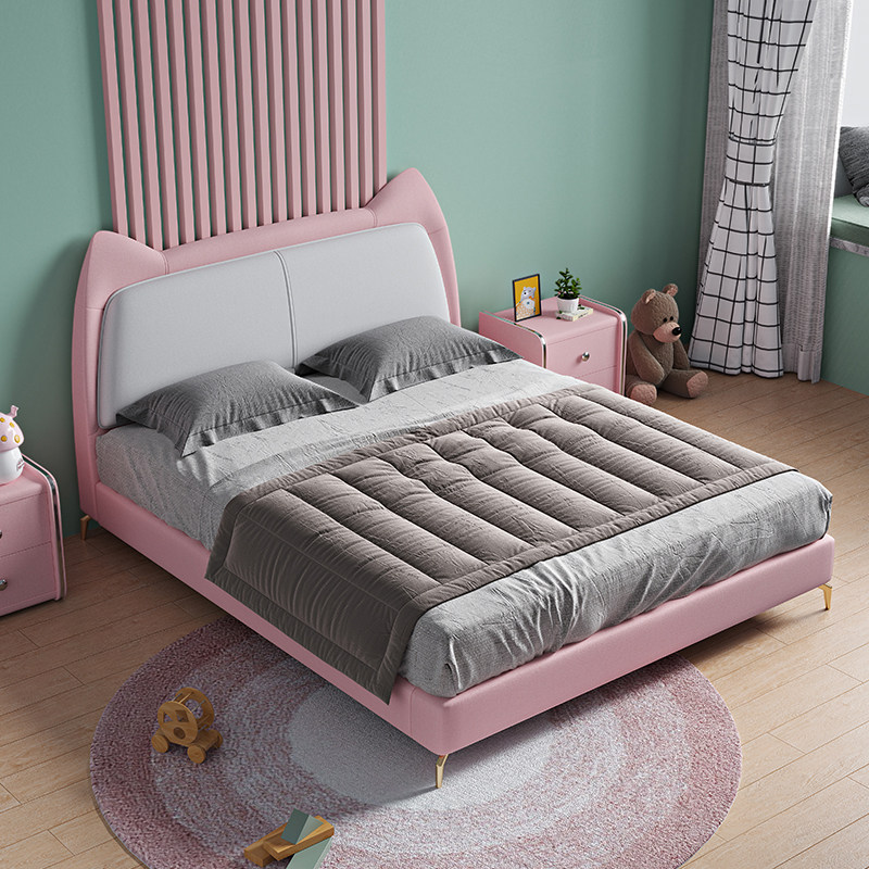 Solid wood children's bed girl princess bed modern Nordic bedroom single bed pink cartoon soft bag boy leather bed