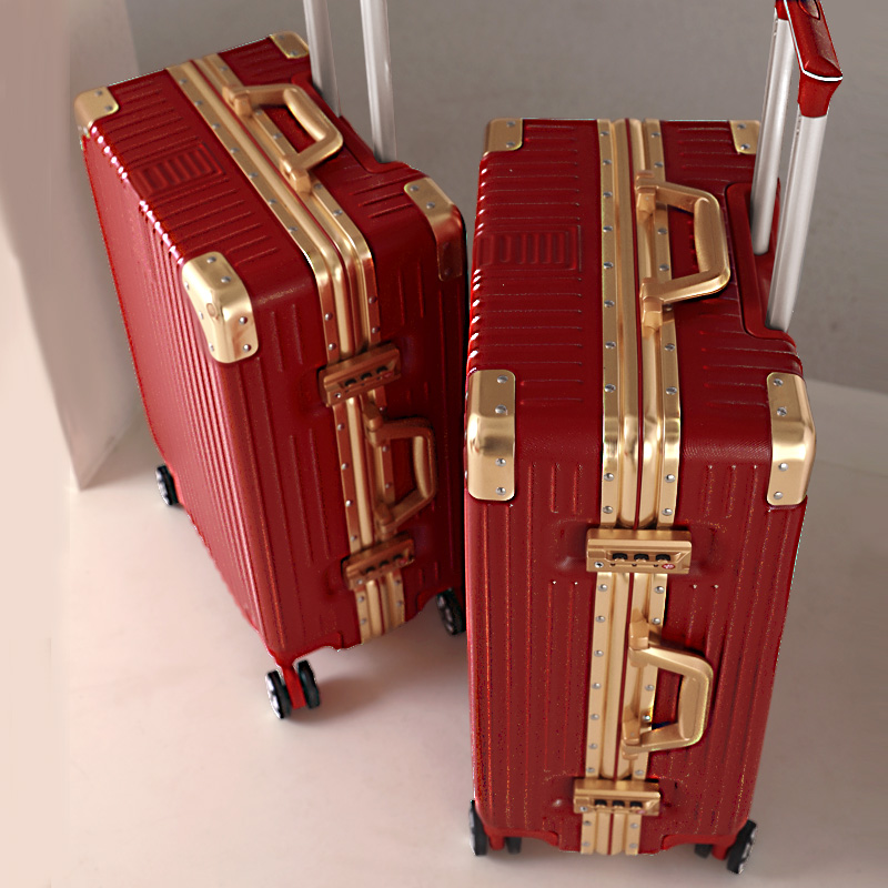 Red suitcase wedding dowry trolley box female lockbox wedding bride wedding leather box dowry wine red press