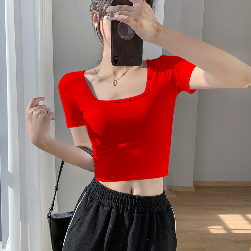 Super Popular Square-Neck Short-Sleeve T-Shirt for Women, Summer Red Crop Top, Trendy Brand, Stylish Design, Niche Short Half-Sleeve Top