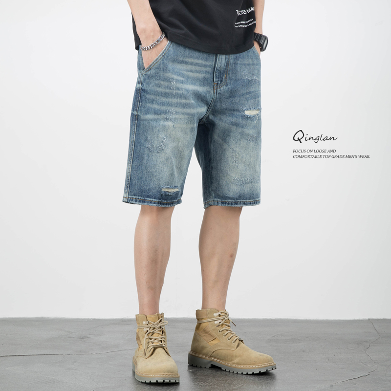 夏薄手破れデニムショートパンツメンズトレンドルーズショートパンツカジュアル大きいサイズパンツライトカラーブリーチーズハーフパンツ