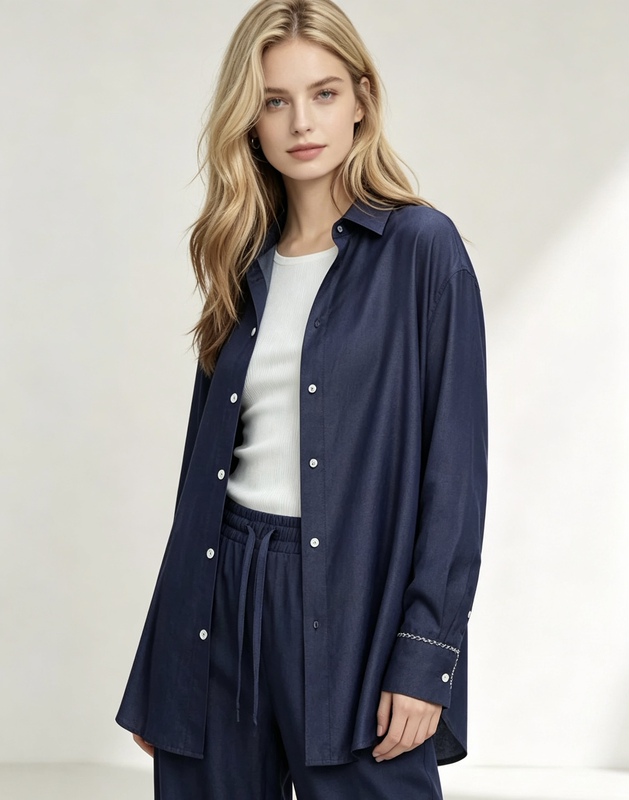Brand Tencel Wool Blend Faux Denim Retro Relaxed Style Shirt and Casual Pants Set 3604 Sf