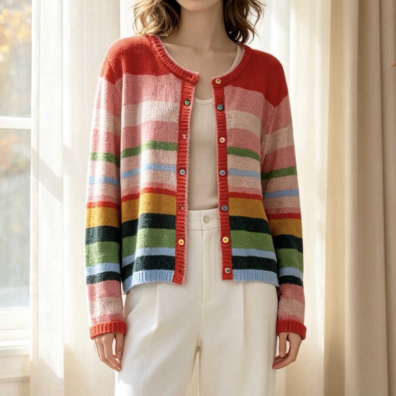 Colorful Rainbow Contrast Striped Round Neck Wool Knit Cardigan Top for Women 2026 Autumn New Style Blz