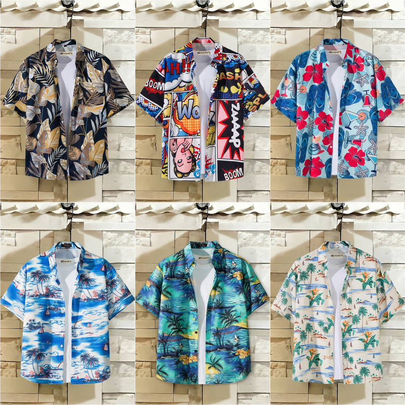 Hawaiian Beach Vacation Style Floral Shirt for Men, Trendy Brand ins Hong Kong Style Versatile Loose Casual Couple Short-Sleeved Shirt
