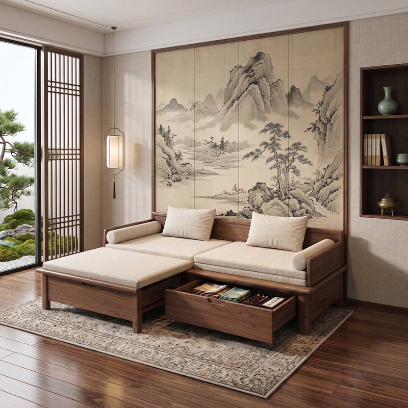 Song's Aesthetics Walnut Solid Wood Luohan Bed Multifunctional Chaise Storage with Drawers Living Room Furniture 2026 New Model Song's Aesthetics Walnut Solid Wood Luohan Bed Multifunctional Chaise Storage with Drawers Living Room Furniture 2026 New Model