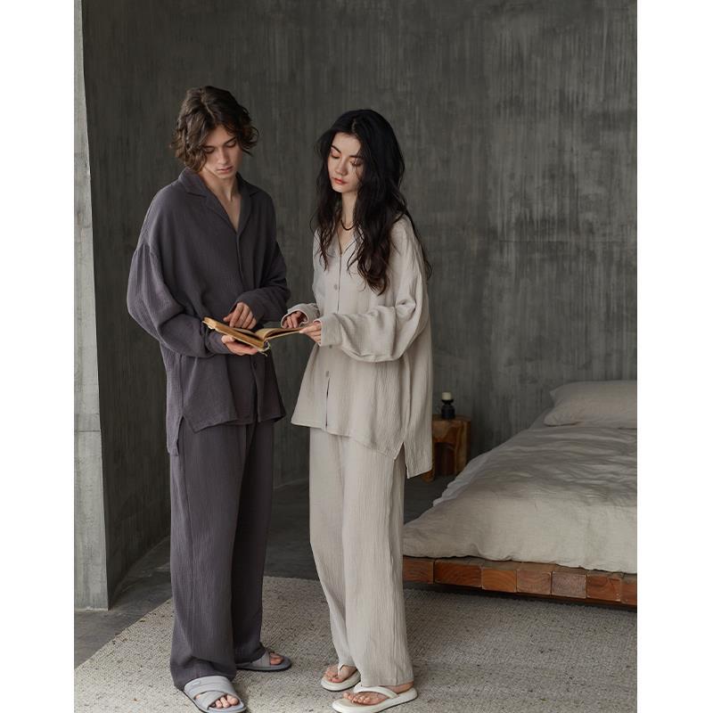 Victoria Couple Pajamas Spring and Autumn Pure Cotton Gauze Set Men and Women Casual Long-Sleeved Home Wear That Can Be Worn Outside