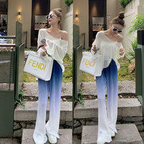 Pregnant woman summer clothing suit net red money white Tt-shirt blouse pregnant woman blue gradient broadlegged pants tugging pants two-piece set