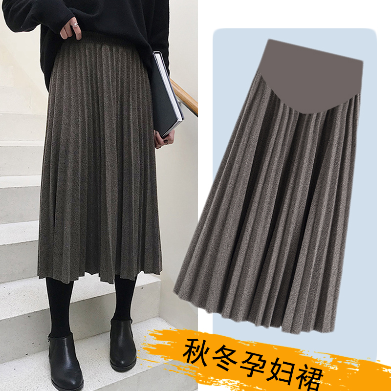 Pregnancy Woman Dress Autumn Winter Skirt Han Prints 100 Pleats Half Body Dress Pregnant pregnant woman Thin Medium Long Version Fluffy Skirt Large Swing Umbrella Skirt
